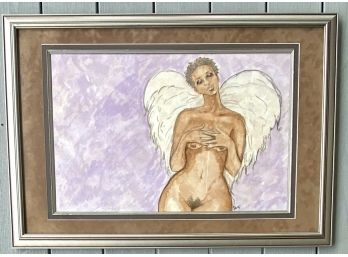 Karin Turner 1996 Original Watercolor Of Female Nude With Angel Wings