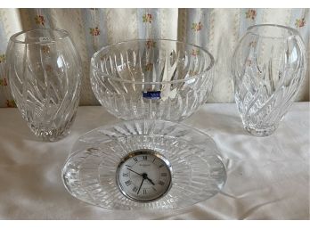 Waterford Clock, Bowl, And 2 Vases