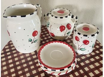 Collection Of 8 Cherry Blossom By Mary Engelbreit Including Pitcher, Plates, And More