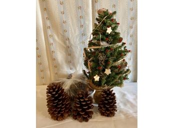 Miniature Christmas Tree With Wicker Wall Base And Pine Cone Collection