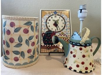 Mary Engelbreit Cherries Tile Clock And Heavy Teapot Resin Lamp With Cherry Shade