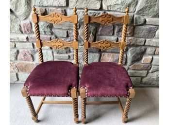 Two Barley Twist Carved Chairs With Red Velvet Upholstery