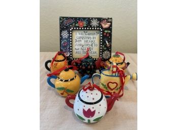 Mary Engelbreit 6 Christmas Teapot Ornaments And One Charles Dickens Framed Christmas Quote