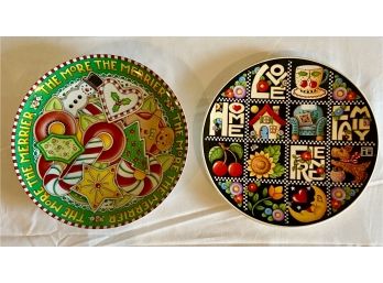 2 Large Mary Engelbreit Plates Including Festive Christmas Plate