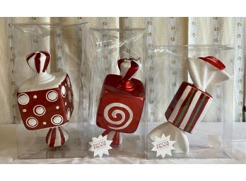 3 Red/white Glitter Coated Large Candy Shaped Ornaments