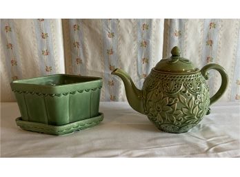 Green Glazed Ceramic Floral Teapot With Planter/base