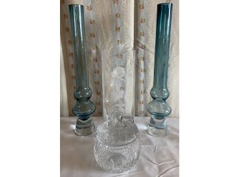 Mikasa Etched Glass Rose Vase With 2 Smoky Blue Waterford Vases
