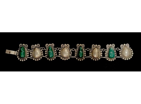 Green Stone Mexican .925 Sterling Silver Bracelet