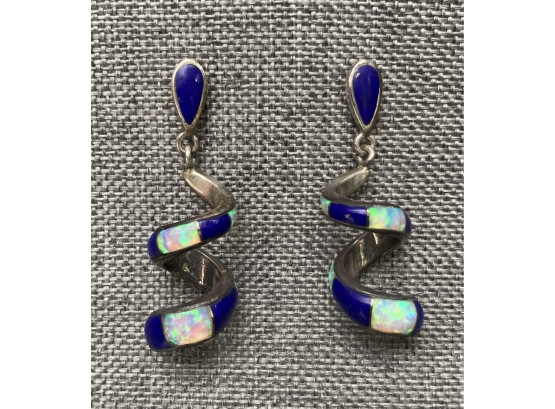 Blue Stone & Opal .925 Sterling Silver Twist Drop Earrings