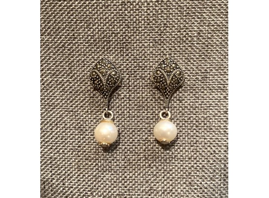 Pearl And Marcasite Sterling Silver Drop Earrings