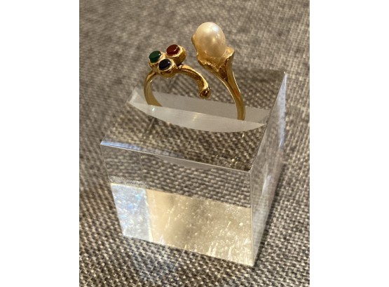 Pearl Ruby Sapphire And Emerald Gold Toned .925 Sterling Silver Calla Lily Ring