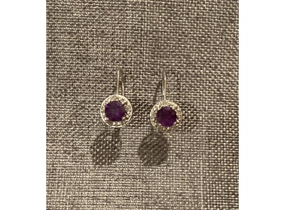Amethyst And Diamonds .925 Sterling Silver Lever Back Earrings