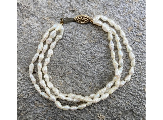 3 Strand White Cultured Freshwater Rice Pearls Bracelet, With Gold Filled Clasp