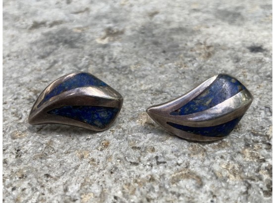 Enrique Ledesma Signed Mexican .925 Sterling Silver Taxco Lapis Screwback Earrings