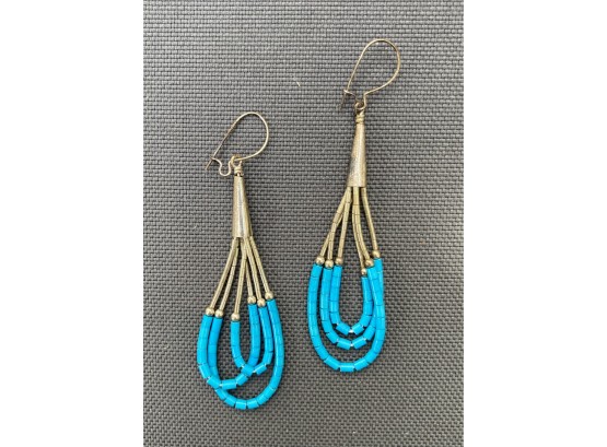 .925 Sterling Silver Liquid Silver And Heishi Turquoise Beads Earrings
