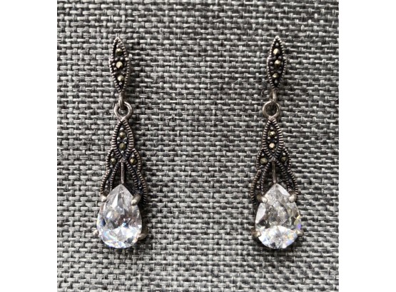 .925 Sterling Silver Marcasite And CZ Drop Earrings