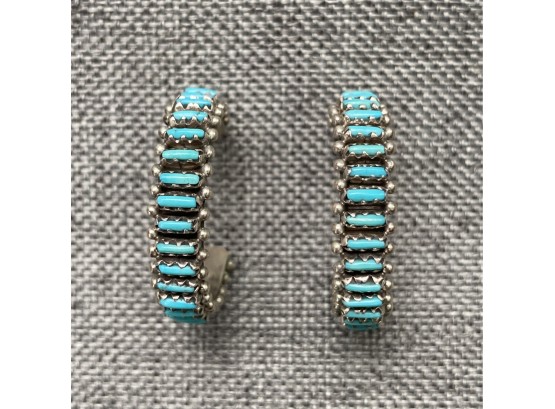 Quentin Quam Signed Zuni Needlepoint Turquoise .925 Sterling Silver C Hoop Earrings