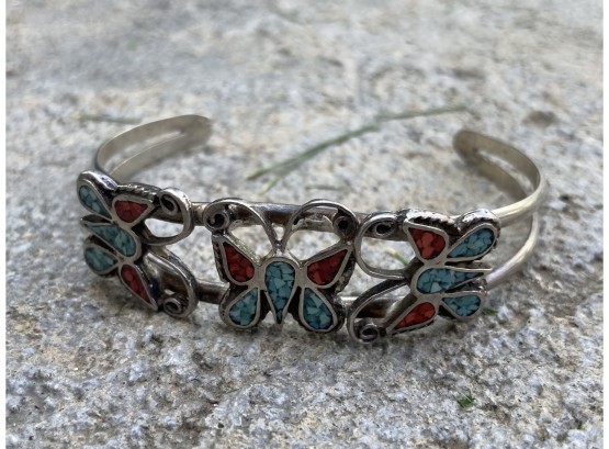 Vintage Sterling Silver Coral And Turquoise Chip Inlay Butterfly Cuff Bracelet