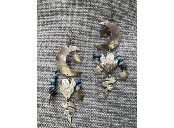 .925 Sterling Silver Crescent Moon, Cactus And Star Earrings