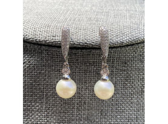Cultured Pearl And Diamond .925 Sterling Silver Drop Earrings