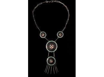 Adrian Wallace Zuni Signed .925 Sterling Silver Sunface Multi Stone Inlay Necklace