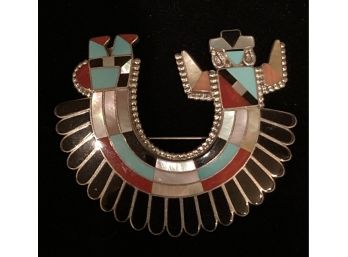 Signed .925 Sterling Silver Zuni Multi Stone Channel Inlay Rainbow God Brooch And Pendant