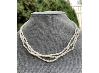 3 Strand White Cultured Freshwater Rice Pearls Necklace, With Gold Filled Clasp.