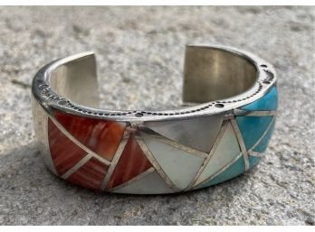 Lee McCray Signed .925 Sterling Silver Inlay Cuff Bracelet W/ Red Spiny Oyster Shell, MOP & Turquoise