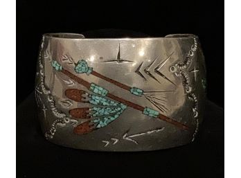 Vintage Unmarked Sterling Silver, Coral And Turquoise Chip Inlay Cuff Bracelet Signed 'J'