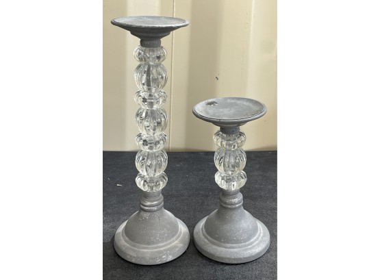 2 Silver Tone Pillar Candle Holders Glass 14'