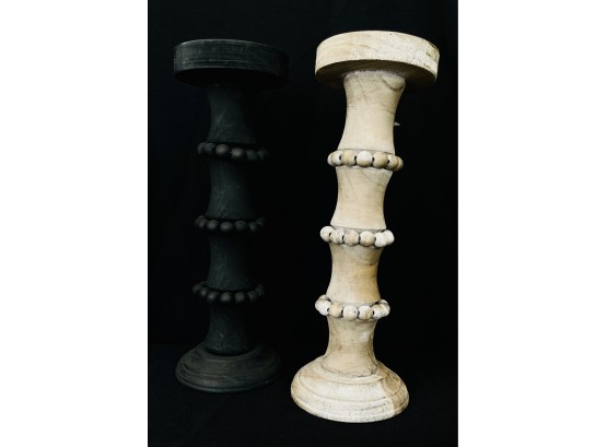 2 Wood Boho Style Pillar Candle Holders 1 Black 1 Natural