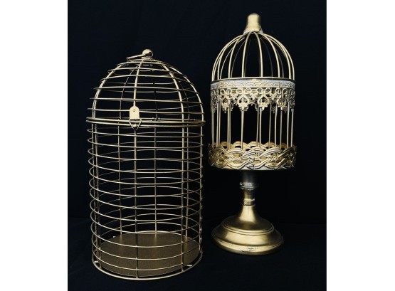 2 Decorative Gold Tone Metal Bird Cages