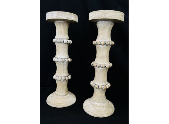 2 Boho Wood Pillar Candle Holders