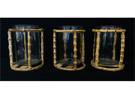 3 Bamboo Frame Glass Pillar Candle Holders