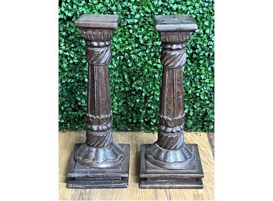 2pc Hand Carved Wooden Candle Holders