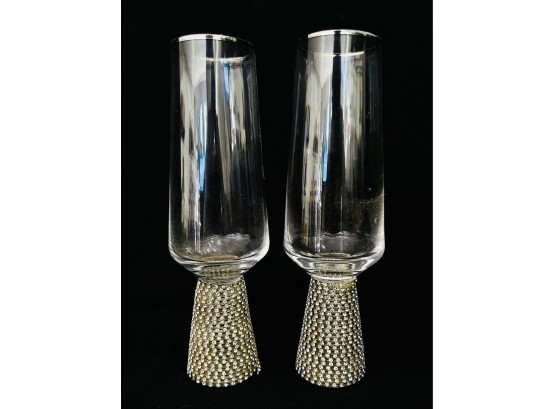 2 Modern Champagne Flutes With Bling Stems