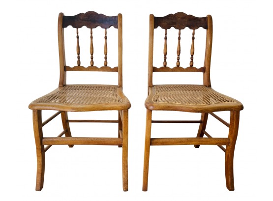 2 Antique Wood Side Chairs With Cane Seats