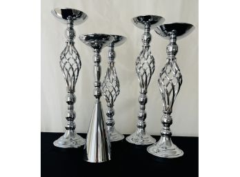 5 Silver Tone Assorted Sizes Pillar Candle Holders