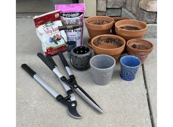 Assortment Of Garden Supplies Including Shears, Pots (need Cleaning) And More
