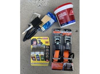 Assorted Lot Of Tools, Including Ratchet Straps, Paint Brushes And More