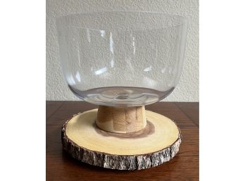 Glass Bowl With Wood Base And Wood Disc