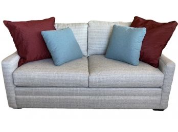 Stunning Stickley Furniture Grey Love Seat With Burgundy And Blue Pillows