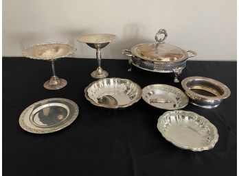 8 Pieces Of Silver-plate Serving Dishes And 1 Sterling Silver Candy Bowl