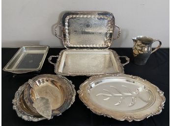 Lot Of 8 Silver-plate Trays, Pitcher And Cake Server