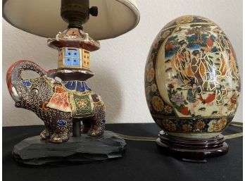 Pair Of Two Satsuma Moriage Pieces- Elephant Lamp & Egg