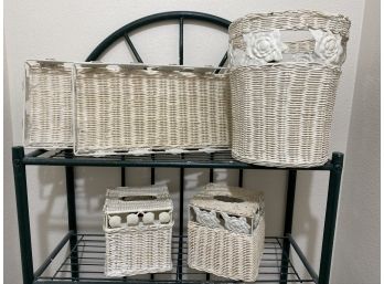 Wicker Bathroom Set- Tissue Holder, Waste Basket, & Trays
