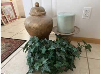 Set Of Home Decor- Candle Holder, Large Lidded Jar And Faux Ivy