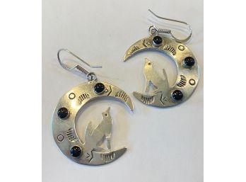 Howling Wolf With Onyx Sterling Silver Earrings