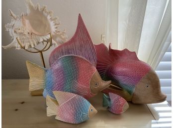 Collection Of Beach Themed Decor Including Carved Wooden Fish