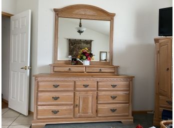 Light And Bright Dresser With Southwestern Carving And Large Mirror